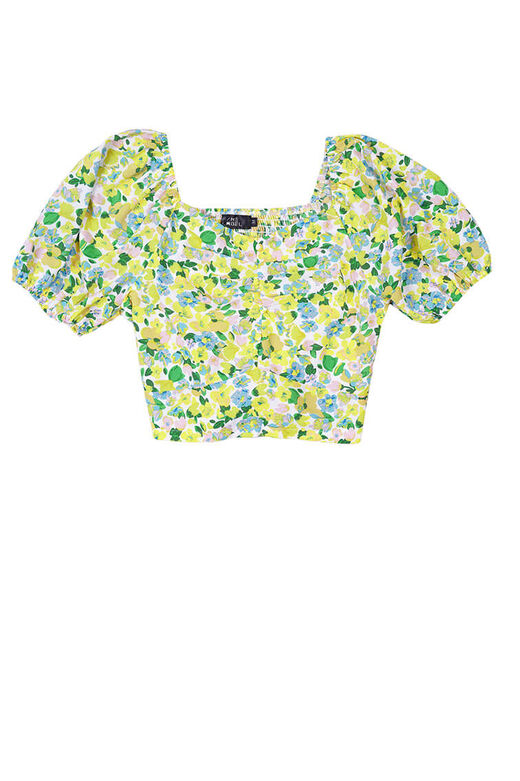 Fine Square Neck Shirred Back With Back Tie Floral Top (Yellow)